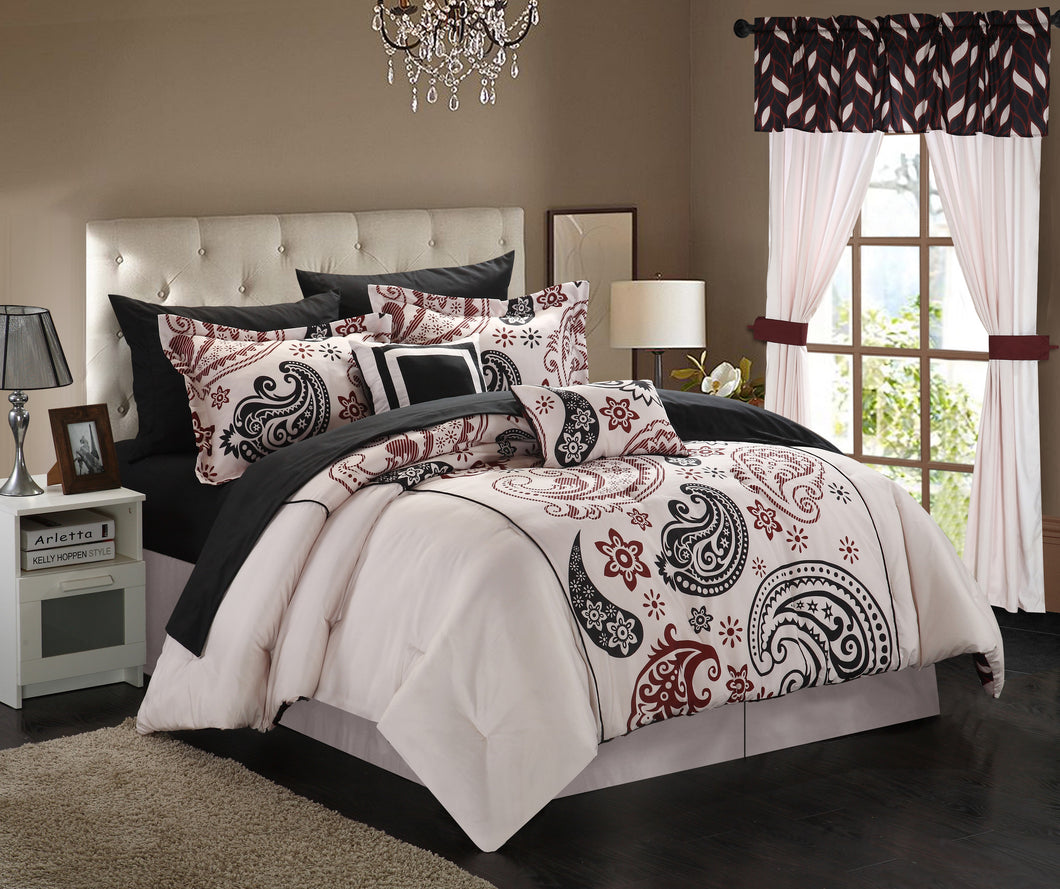 Chic Home Orie 20-Piece Paisley Print Reversible Comforter Set, Queen, Beige; Bedskirt, Shams, Sheet Set, Panels, Tie Backs, Decorative Pillows
