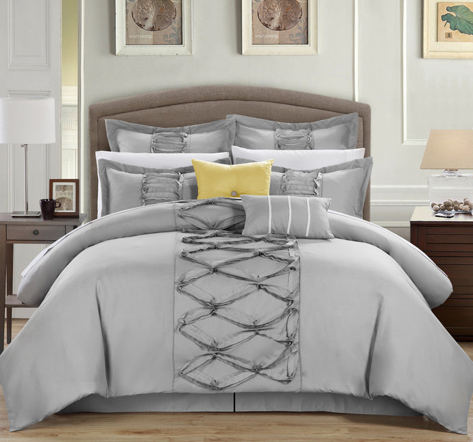 Chic Home Rossana 12-Piece Ruffled Comforter Set, King, Silver; Sheet Set, Shams, Decorative Pillows, Bedskirt and Sheet Set Included