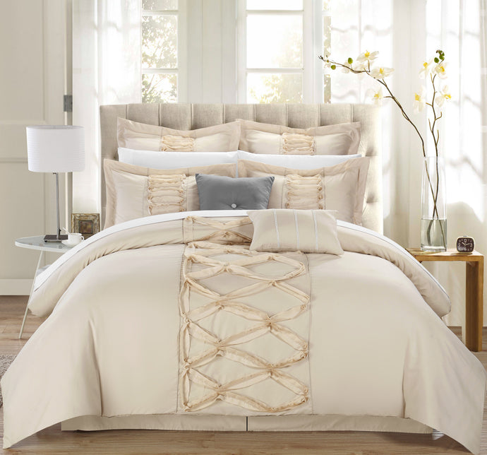 Chic Home Rossana 8-Piece Ruffled Comforter Set, King, Beige; Shams, Decorative Pillows and Bedskirt Included