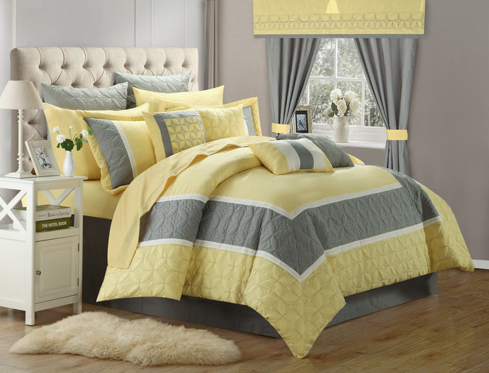 Chic Home 25 Piece Ariane Duvet Covered Embroidered Room in a Bag Comforter Set, Sheet Set, Window Curtain Set,  King Yellow