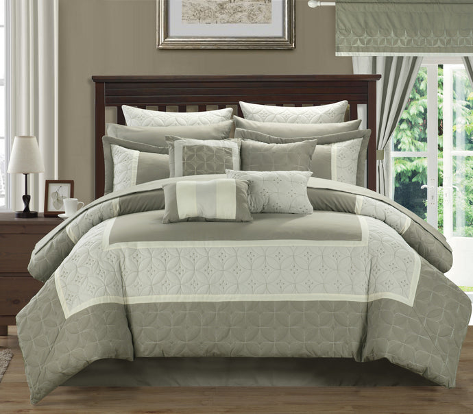 Chic Home 25 Piece Ariane Duvet Covered Embroidered Room in a Bag Comforter Set, Sheet Set, Window Curtain Set, King Taupe