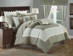 Chic Home 24 Piece Ariane Duvet Covered Embroidered Room in a Bag Comforter Set, Sheet Set, Window Curtain Set, Queen Taupe