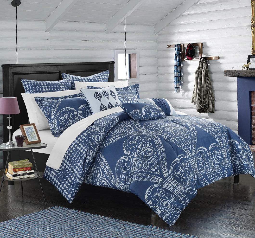 Chic Home 6 Piece Parma Oversized overfilled REVERSIBLE printed Comforter Set in Twin, Navy