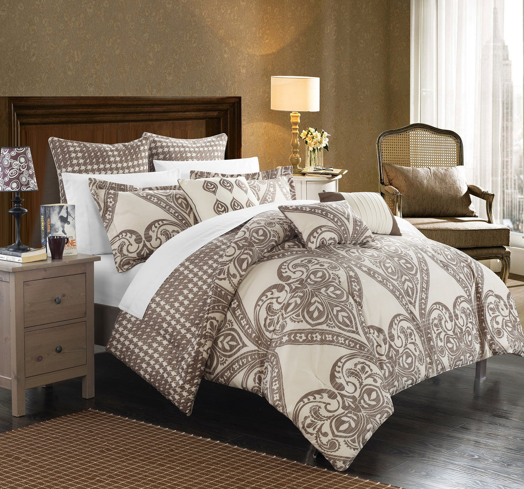 Chic Home 8 Piece Parma Oversized overfilled REVERSIBLE printed Comforter Set in King, Beige
