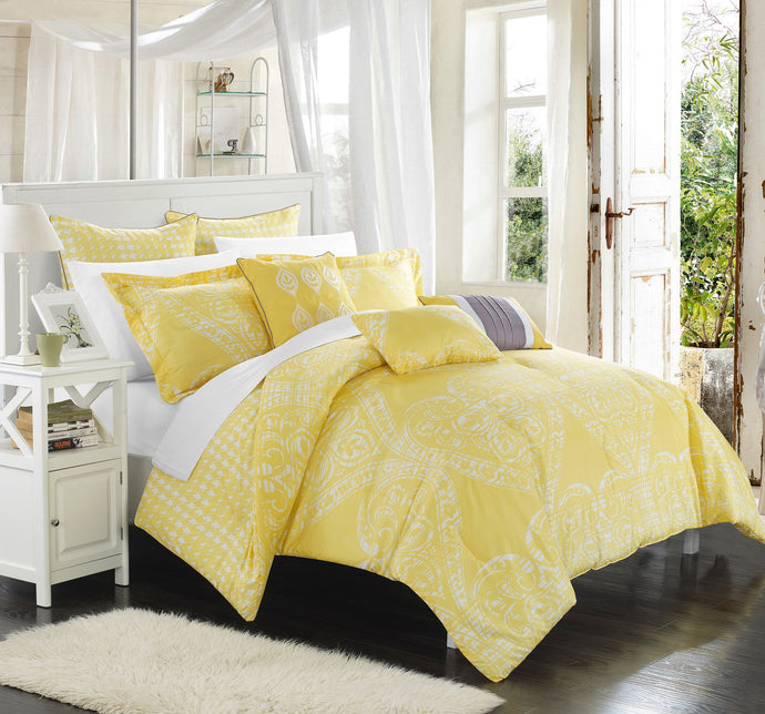 Chic Home 12 Piece Parma Oversized overfilled REVERSIBLE printed Comforter Set in King, Yellow with 4 Piece White Sheet Set