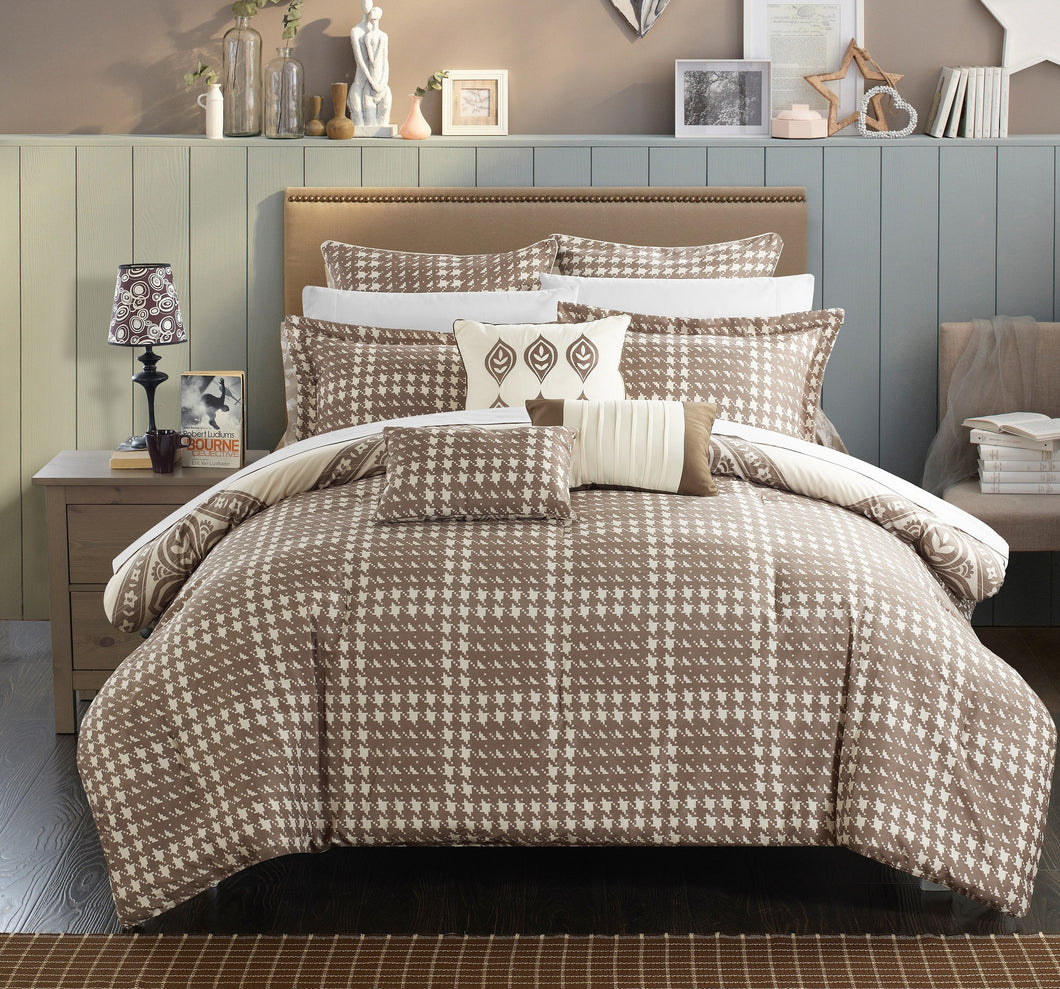 Chic Home 12 Piece Parma Oversized overfilled REVERSIBLE printed Comforter Set in Queen, Beige with 4 Piece White Sheet Set