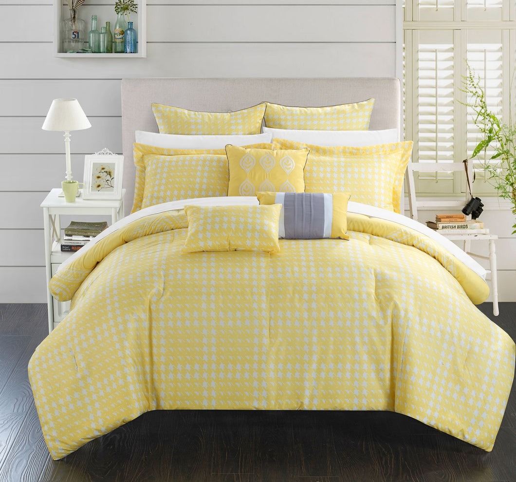 Chic Home 12 Piece Parma Oversized overfilled REVERSIBLE printed Comforter Set in Queen Yellow