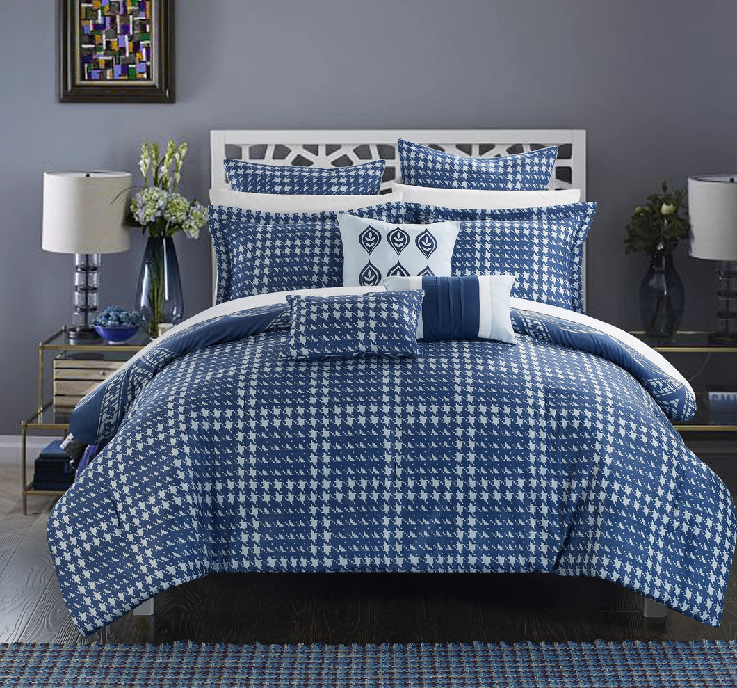 Chic Home 8 Piece Parma Oversized overfilled REVERSIBLE printed Comforter Set in Queen, Navy