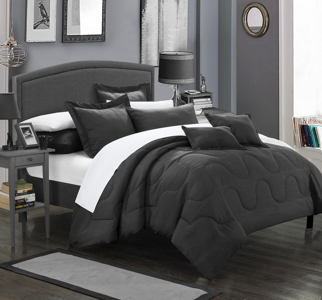Chic Home 11 Piece Dinarelle Bedding Basics, Down Alternative Solid color complete bedding ensemble, King, Black
