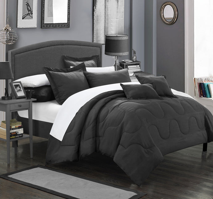 Chic Home 11 Piece Dinarelle Bedding Basics, Down Alternative Solid color complete bedding ensemble, Full/Queen, Black