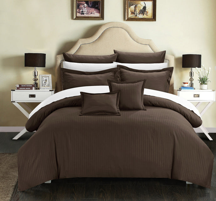 Chic Home 7 Piece Kanya Down Alternative Jacquard Striped Comforter Set, Bedding Basics, King, Brown