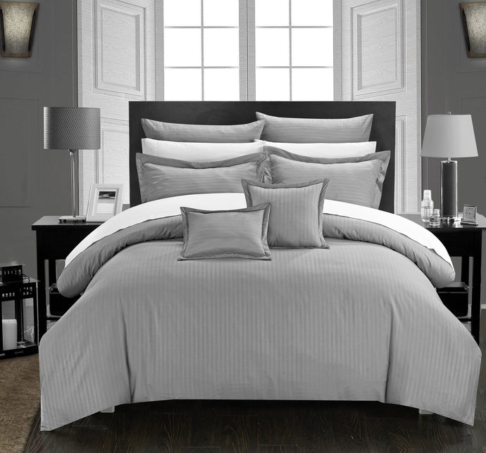 Chic Home 7 Piece Kanya Down Alternative Jacquard Striped Comforter Set, Bedding Basics, King, Silver