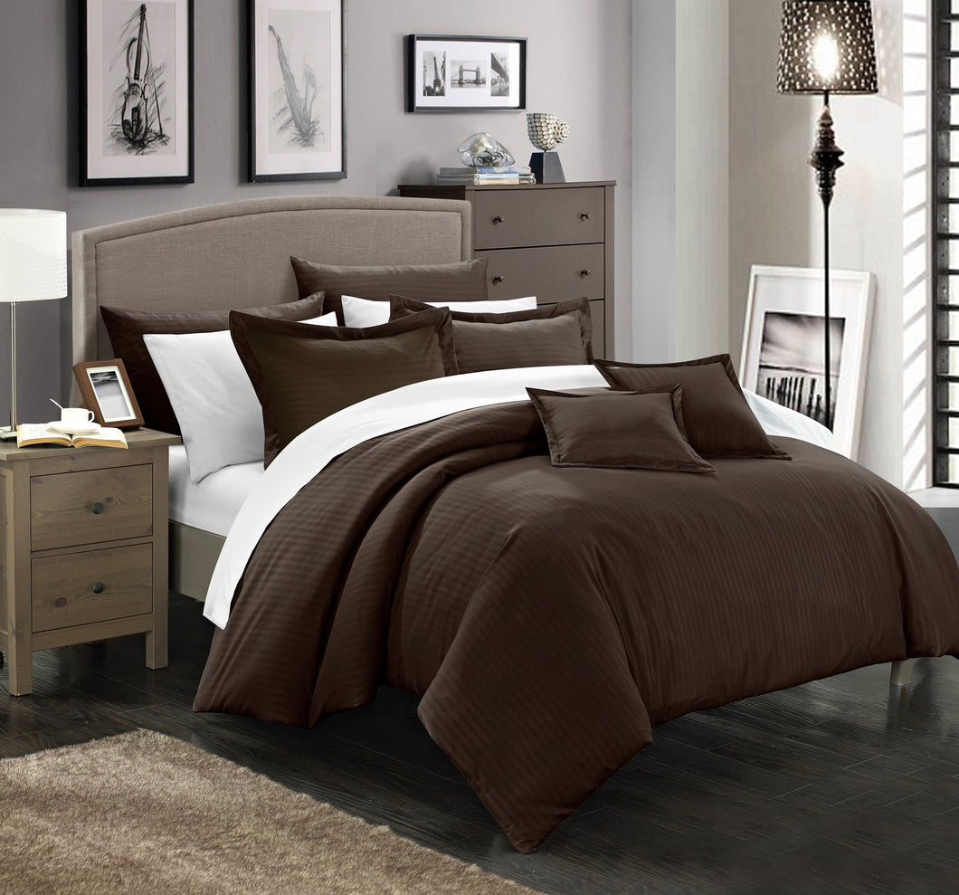 Chic Home 7 Piece Kanya Down Alternative Jacquard Striped Comforter Set, Bedding Basics, Full/Queen, Brown
