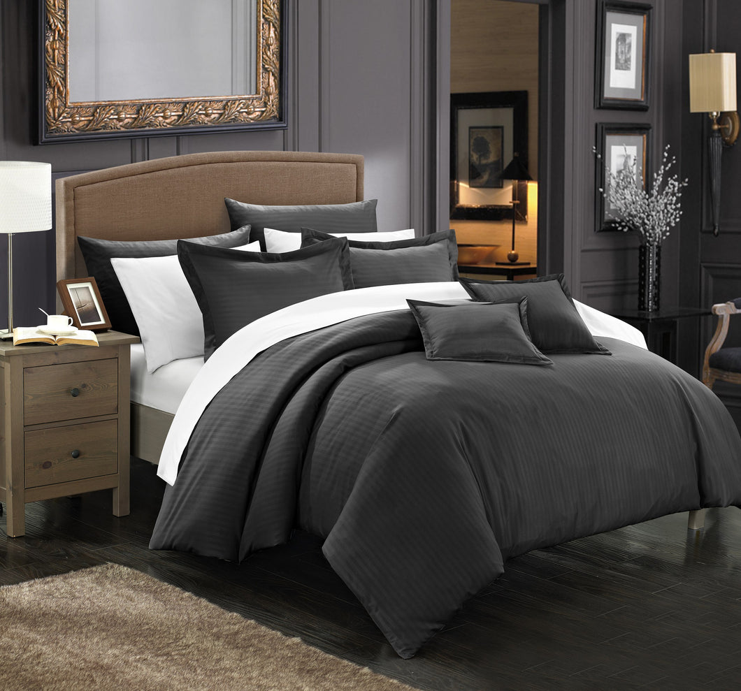 Chic Home 11 Piece Kanya Down Alternative Jacquard Striped Comforter Set, Bedding Basics, Full/Queen, Black  with 4 Piece White Sheet Set
