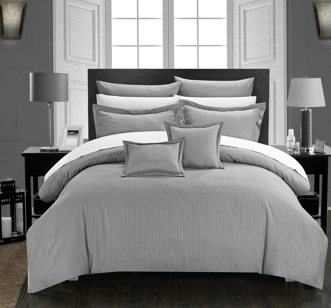 Chic Home 11 Piece Kanya Down Alternative Jacquard Striped Comforter Set, Bedding Basics, Full/Queen, Silver  with 4 Piece White Sheet Set