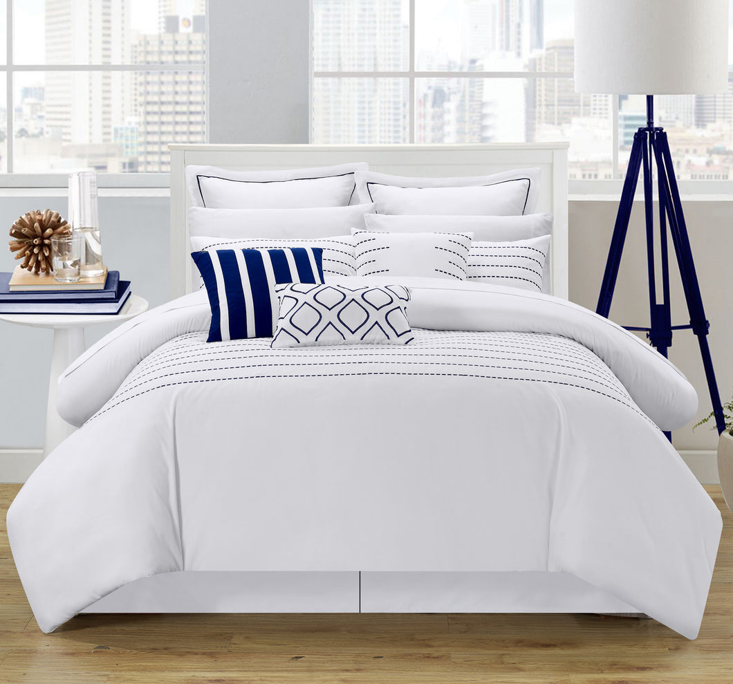 Chic Home 9 Piece Cranston Super Rich Microfiber Stitch Embroidered Comforter Set. King, White/Navy