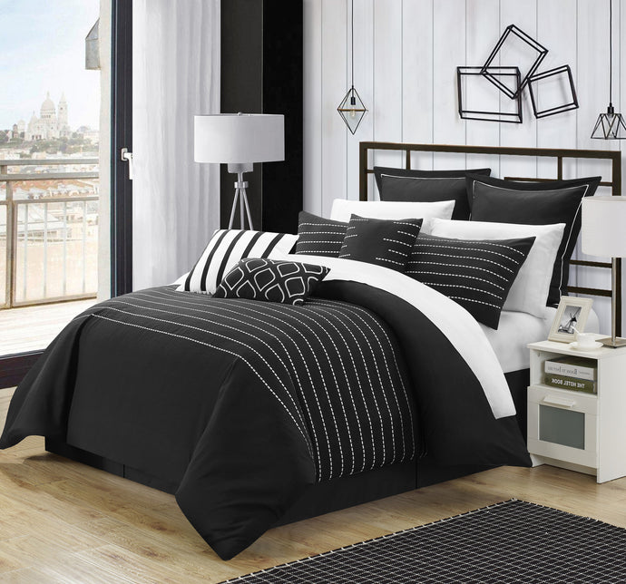 Chic Home 13 Piece Cranston Super Rich Microfiber Stitch Embroidered Comforter Set. King, Black, with 4 White Sheet Set
