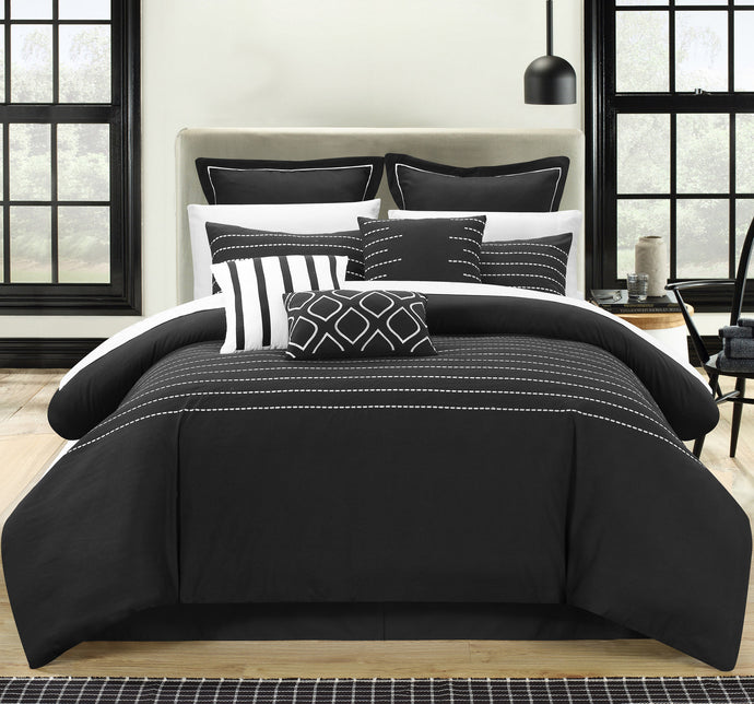 Chic Home 9 Piece Cranston Super Rich Microfiber Stitch Embroidered Comforter Set. King, Black