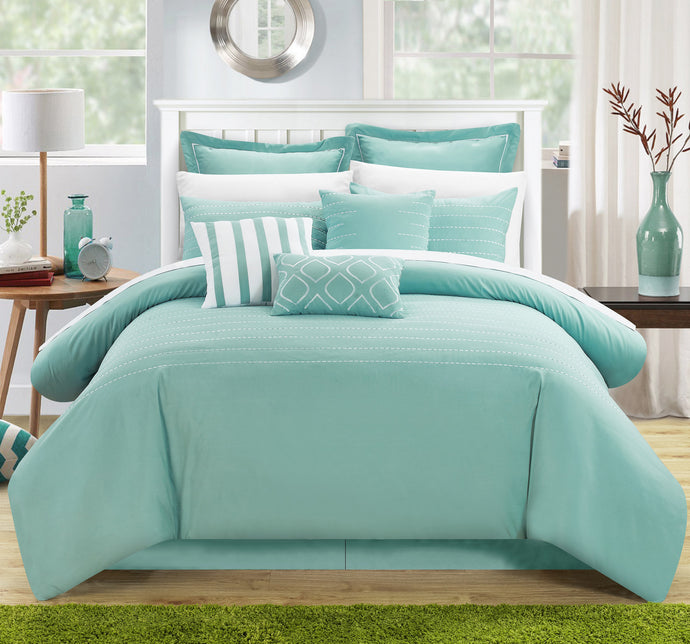 Chic Home 13 Piece Cranston Super Rich Microfiber Stitch Embroidered Comforter Set. King, Blue, with 4 White Sheet Set