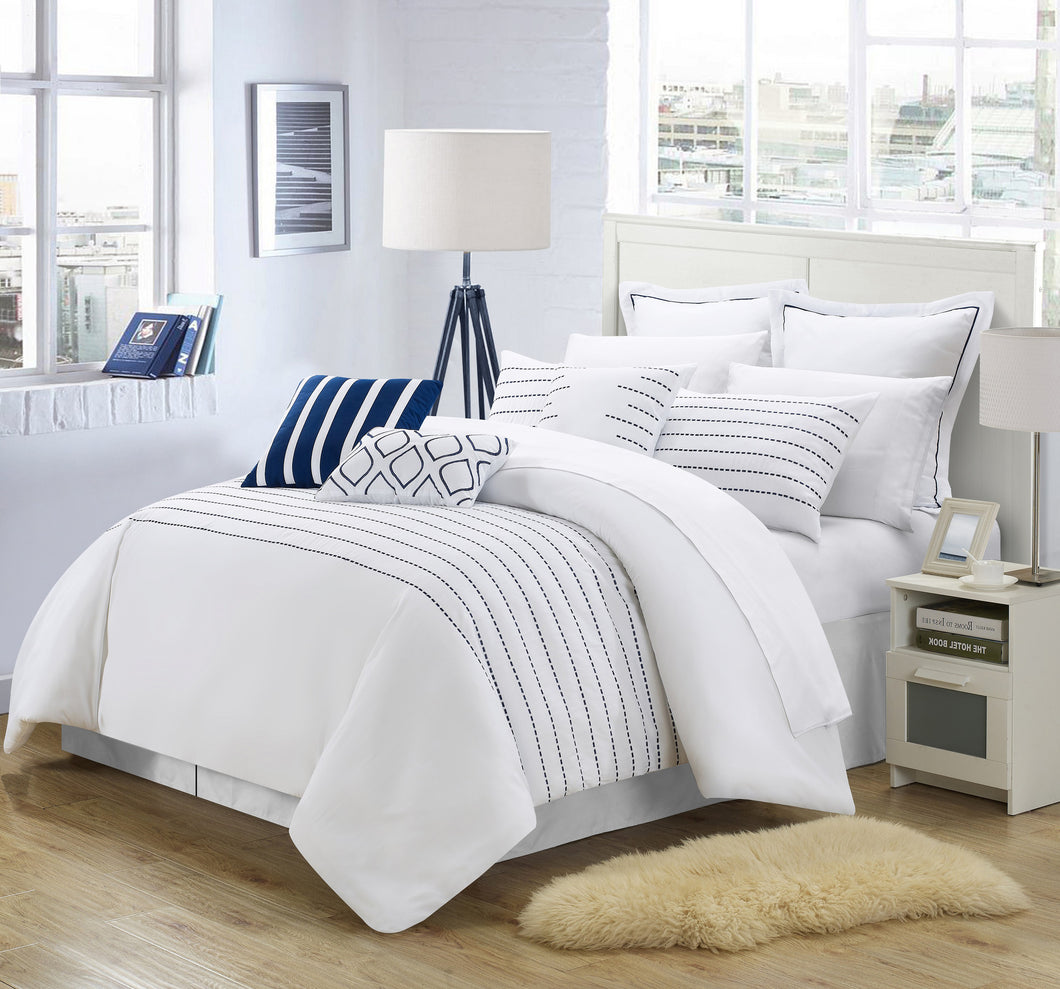 Chic Home 13 Piece Cranston Super Rich Microfiber Stitch Embroidered Comforter Set. Queen, White/Navy, with 4 White Sheet Set
