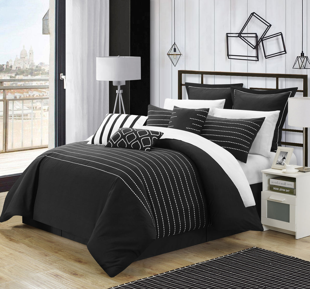 Chic Home 9 Piece Cranston Super Rich Microfiber Stitch Embroidered Comforter Set. Queen, Black