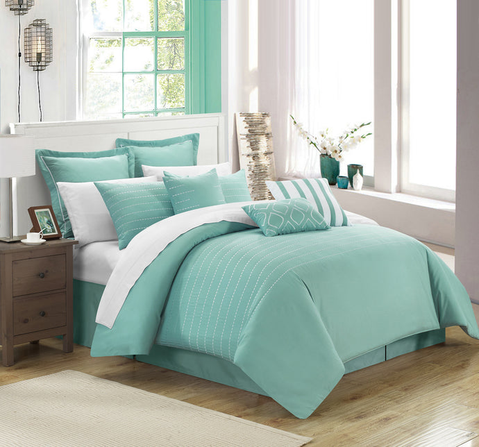 Chic Home 9 Piece Cranston Super Rich Microfiber Stitch Embroidered Comforter Set. Queen, Blue