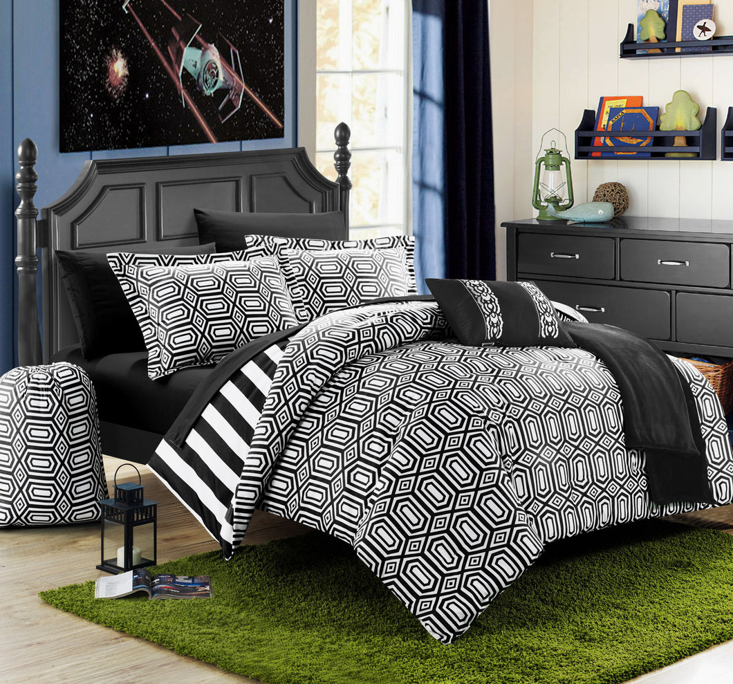 Chic Home 10 Piece Lyon Geometric and Striped printed REVERSIBLE Comforter Set in Full Size, Black.