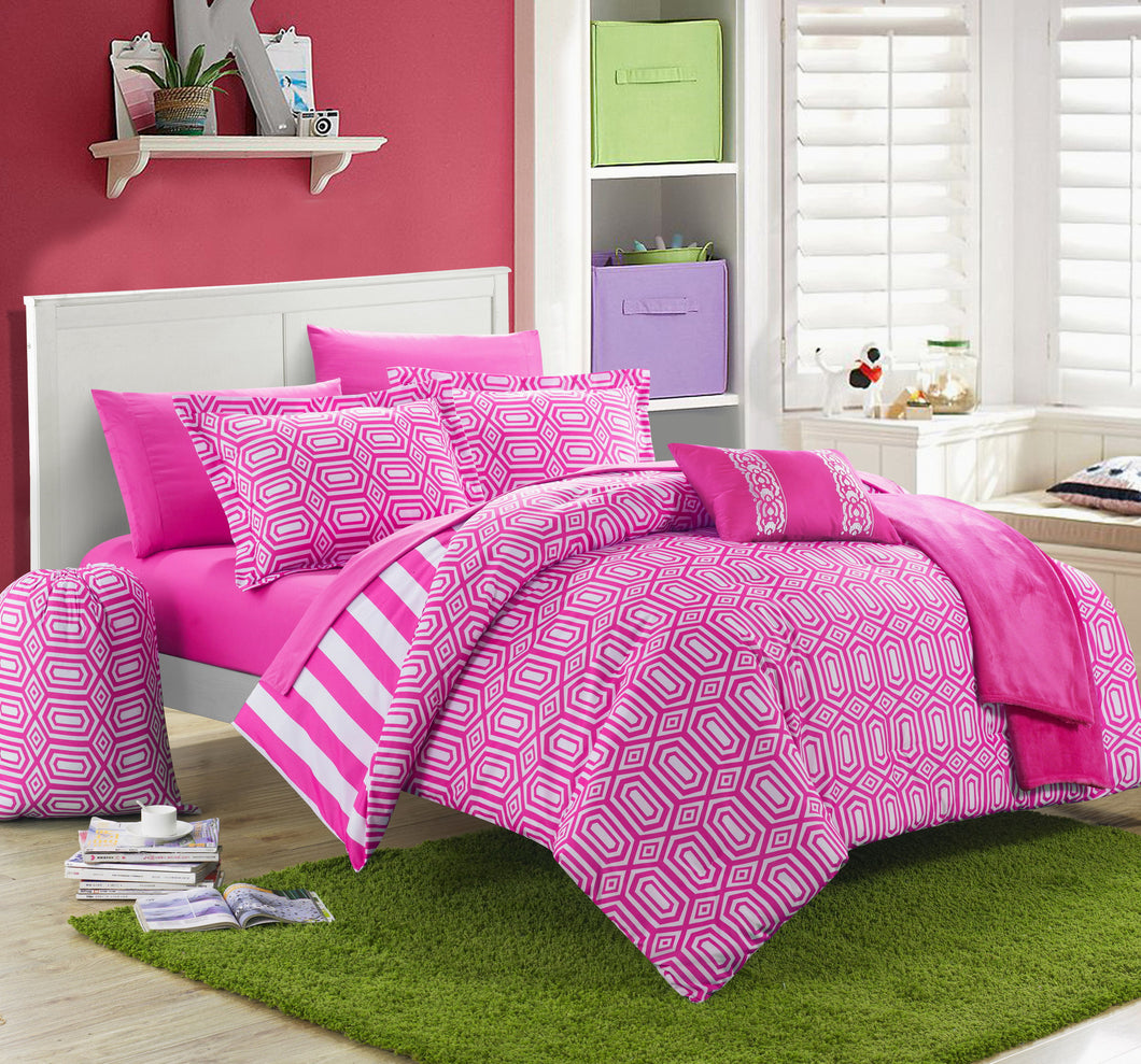 Chic Home 10 Piece Lyon Geometric and Striped printed REVERSIBLE Comforter Set in Duffle Hamper and Fleece Throw, Full Size, Fuchsia.