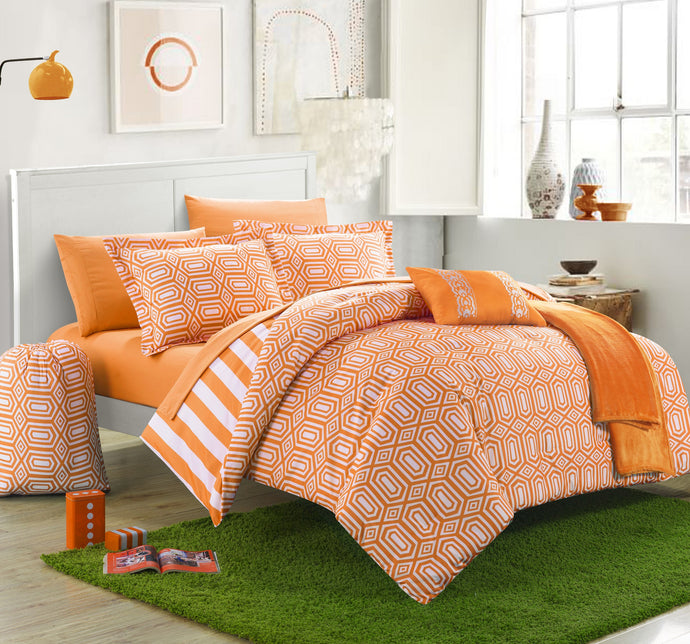 Chic Home 10 Piece Lyon Geometric and Striped printed REVERSIBLE Comforter Set, Includes Sheets, Duffle Hamper and Fleece Throw, Full Size, Orange.