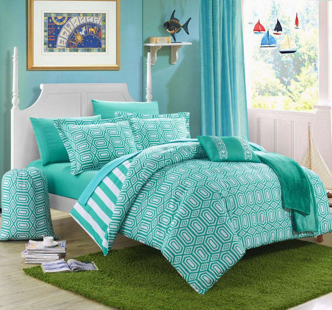 Chic Home 10 Piece Lyon Geometric and Striped printed REVERSIBLE Comforter Set in Full Size, Aqua.