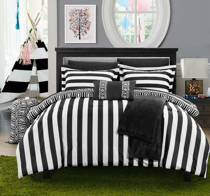 Chic Home 8 Piece Lyon Geometric and Striped printed REVERSIBLE Comforter Set, inTwin X-Long, Black