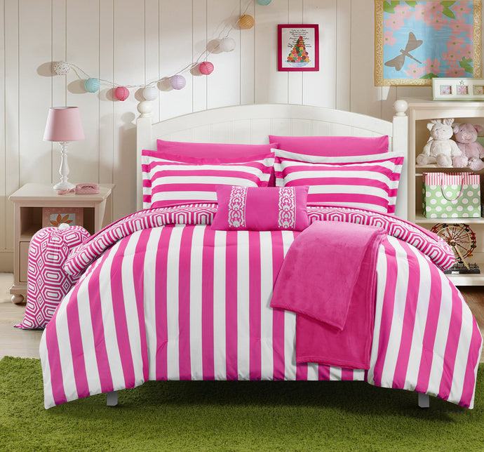 Chic Home 8 Piece Lyon Geometric and Striped printed REVERSIBLE Comforter Set, Includes Sheets, Duffle Hamper and Fleece Throw, Twin X-Long, Fuchsia.