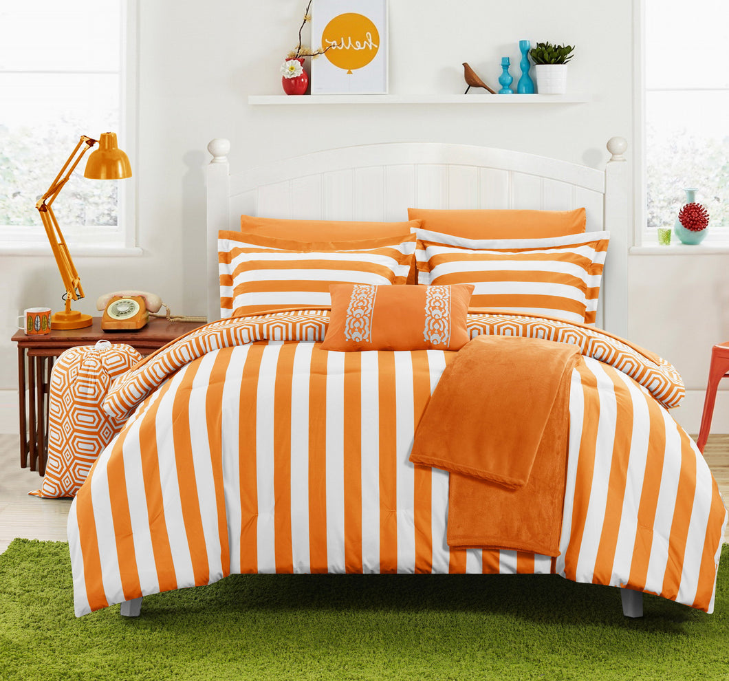 Chic Home 8 Piece Lyon Geometric and Striped printed REVERSIBLE Comforter Set, Includes Sheets, Duffle Hamper and Fleece Throw, Twin X-Long, Orange.
