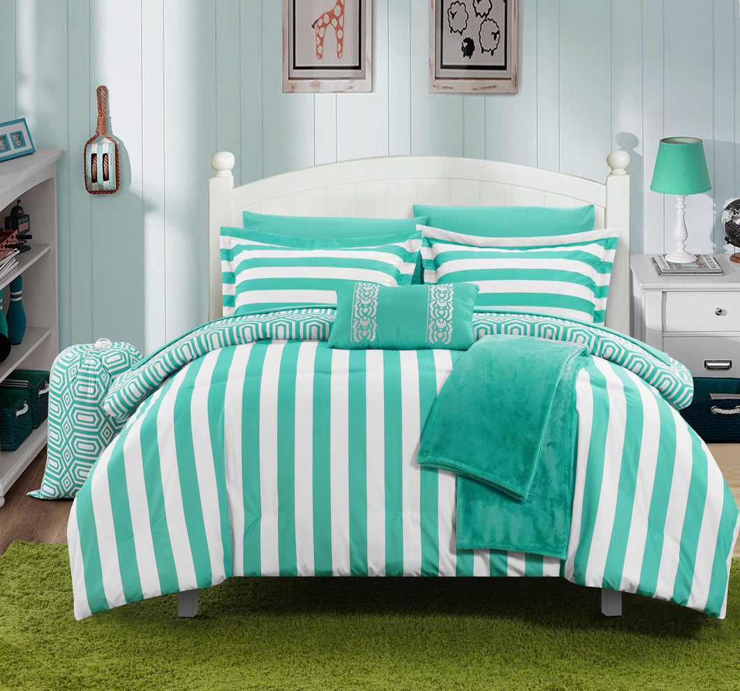Chic Home 8 Piece Lyon Geometric and Striped printed REVERSIBLE Comforter Set, Includes Sheets, Duffle Hamper and Fleece Throw, Twin X-Long, Aqua.