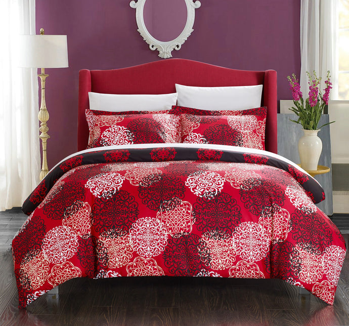 Chic Home 7 Piece Jameson Boho Inspired Reversible Print Duvet Set, King, Red, with 4 Piece White Sheet Set