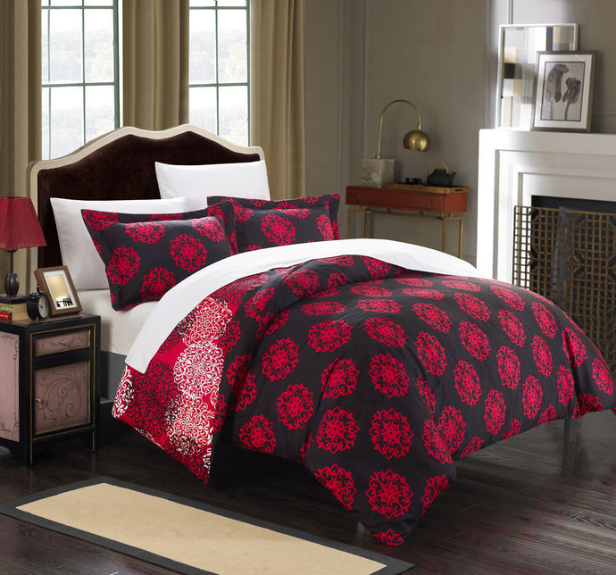 Chic Home 7 Piece Jameson Boho Inspired Reversible Print Duvet Set, Queen, Red, with 4 Piece White Sheet Set