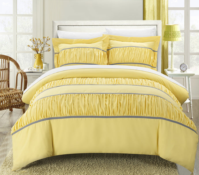 Chic Home 7 Piece Besily Pleats and Ruffled Duvet Cover Set, King, Yellow