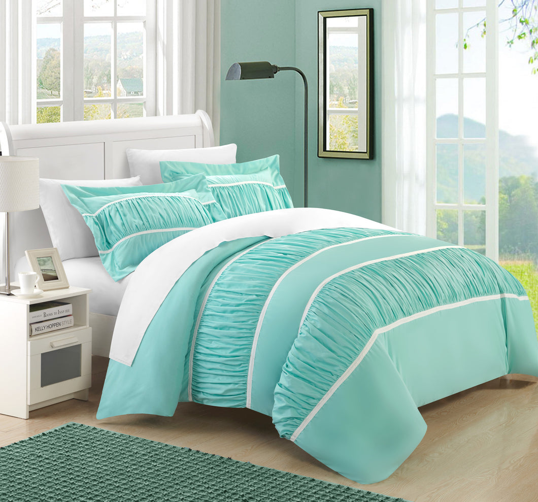 Chic Home 7 Piece Besily Pleats and Ruffled Duvet Cover Set, Queen, Aqua