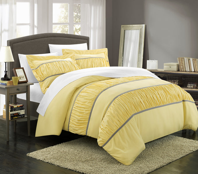 Chic Home 7 Piece Besily Pleats and Ruffled Duvet Cover Set, Queen, Yellow
