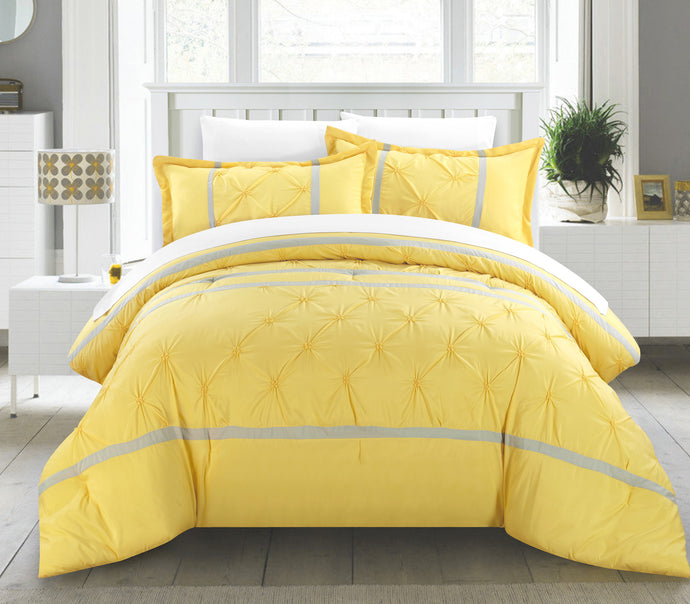 Chic Home 7 piece Nica pinch pleat pintuck Duvet cover and Shams Set, King, Yellow , with 4 Piece White sheet set