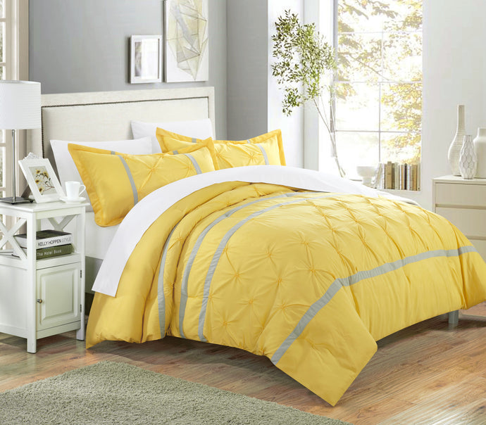 Chic Home 3 piece Nica pinch pleat pintuck Duvet cover and Shams Set,Queen, Yellow