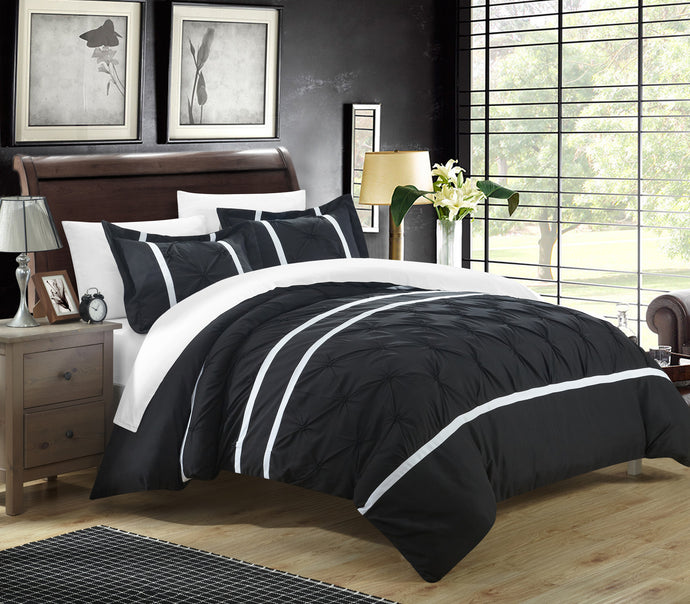 Chic Home 3 piece Nica pinch pleat pintuck Duvet cover and Shams Set,Queen, Black