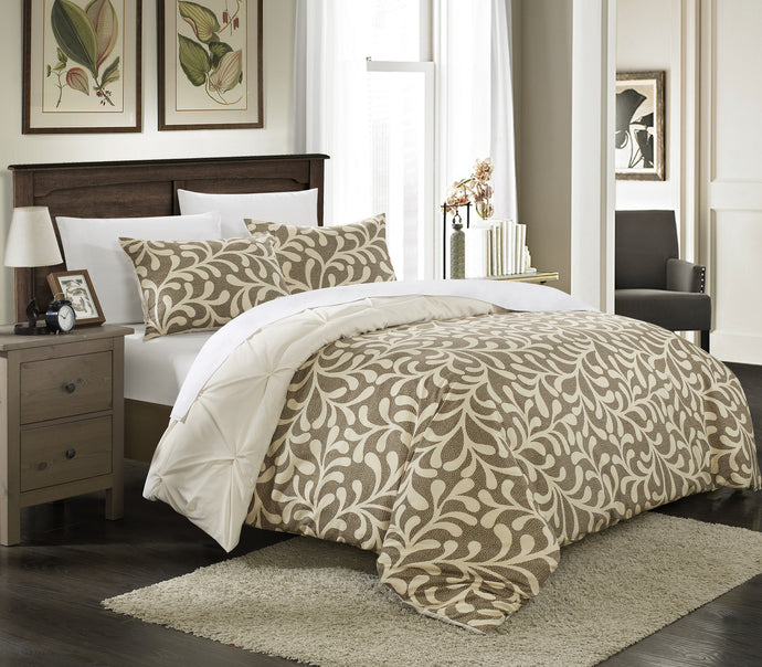 Chic Home 7-Piece Tirina Pleated Pintuck Reversible Duvet Set, Queen, Beige with White Sheet Set