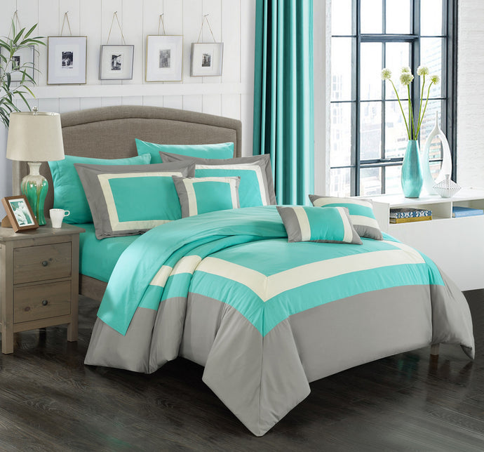Chic Home 10 Piece Dylan Complete pieced color block bedding, sheets collection King  Turquoise