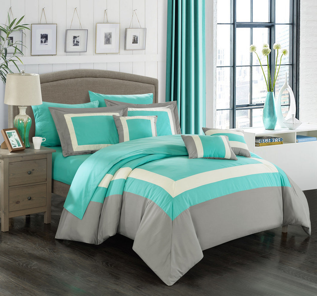 Chic Home 10 Piece Dylan Complete pieced color block bedding, sheets collection King  Turquoise