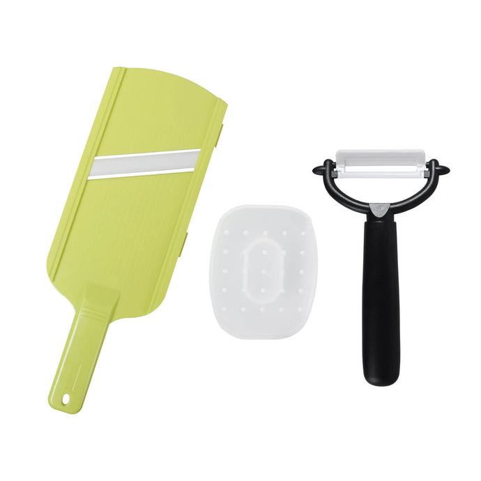 Advanced Ceramic Double-Edged Slicer & Peeler Set in White/Green
