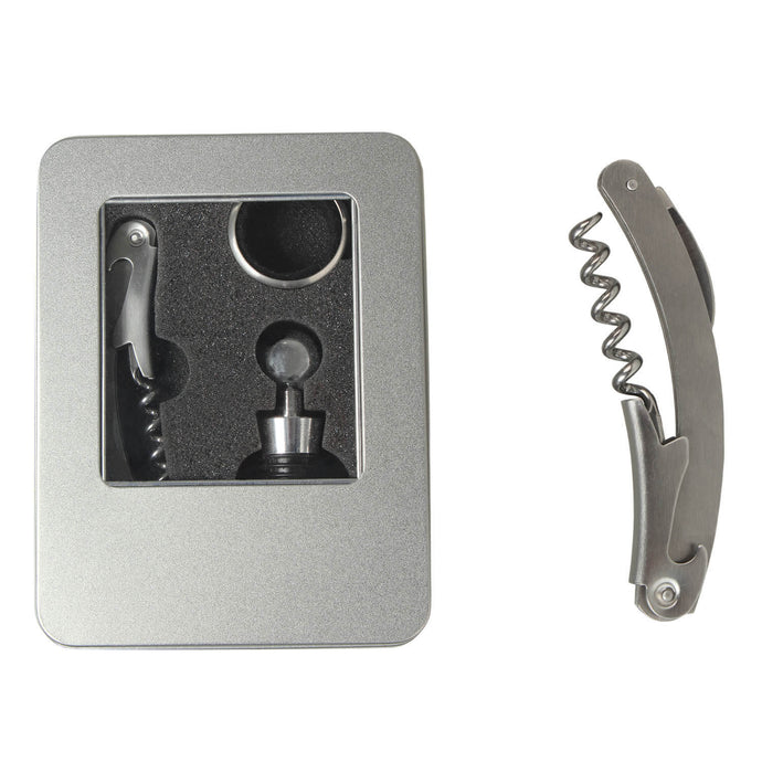 3-Piece Set: Stylish Corkscrew, Bottle Stopper & Drip Protector in Stainless Steel
