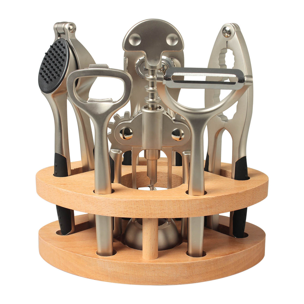 7-Piece Set: Kitchen Utensils with Wood Base in Wood