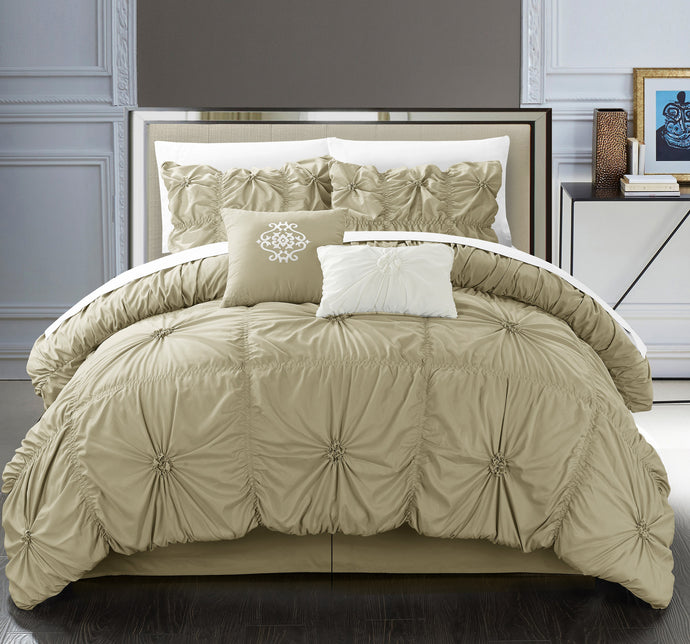 Chic Home 10 Piece Hilton Floral Pinch Pleat Ruffled Designer Embellished Comforter Set, King, Taupe with 4 Piece White Sheet Set