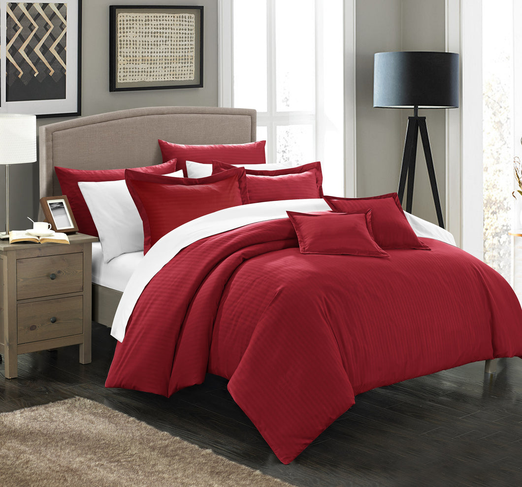 Chic Home 11 Piece Kanya Down Alternative Jacquard Striped Comforter Set, Bedding Basics, King, Burgundy